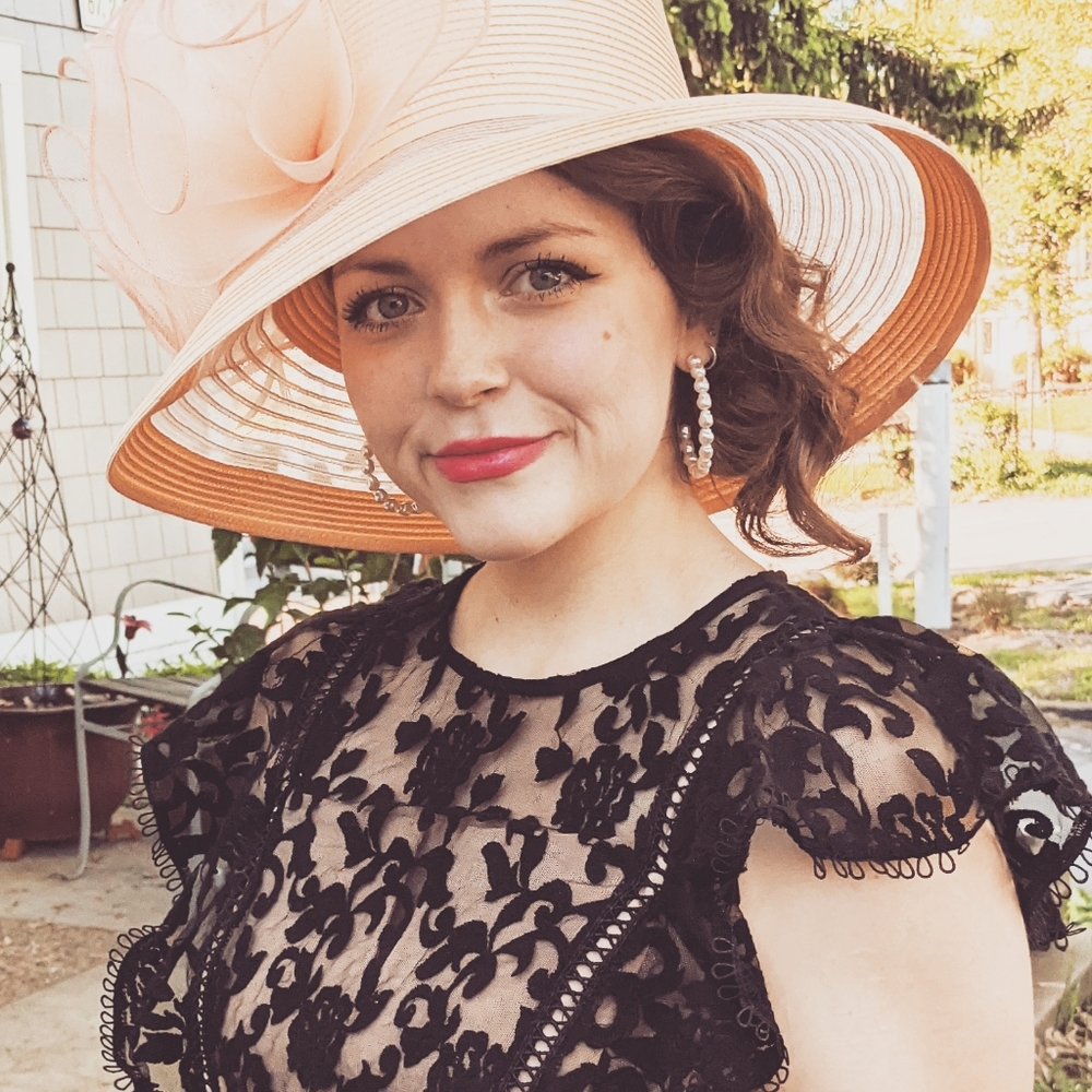 Blush Derby Hat with Flower Bow and Feather